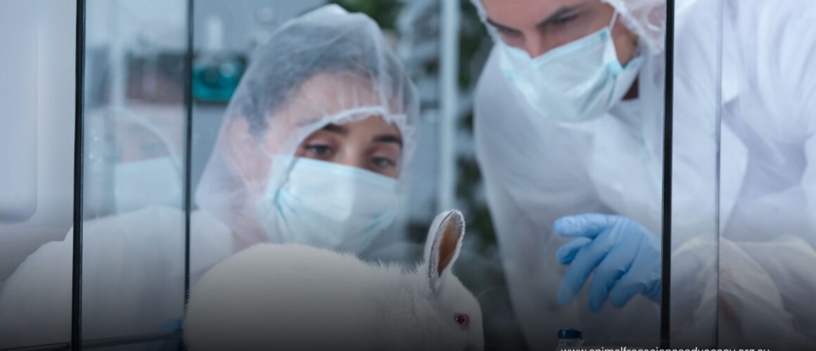 Two researchers performing tests on a bunny rabbit in a lab research environment