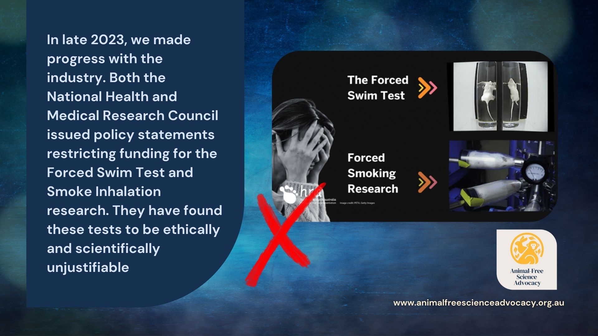 Ending funding of Forced Swim and Forced Smoke Tests | Animal-Free Science Advocacy | 2023 Achievements