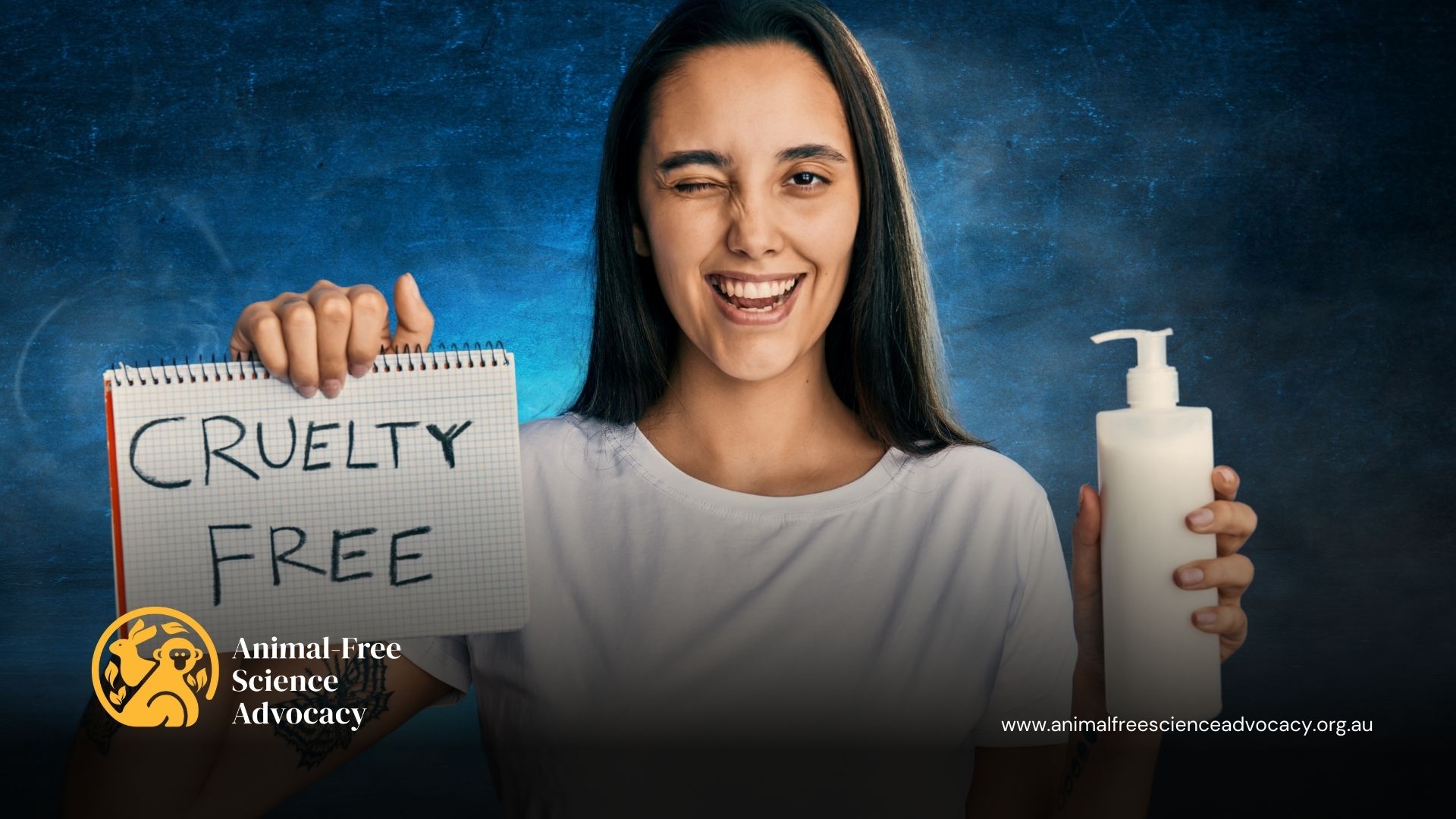 A woman blinking with a sign saying cruelty free