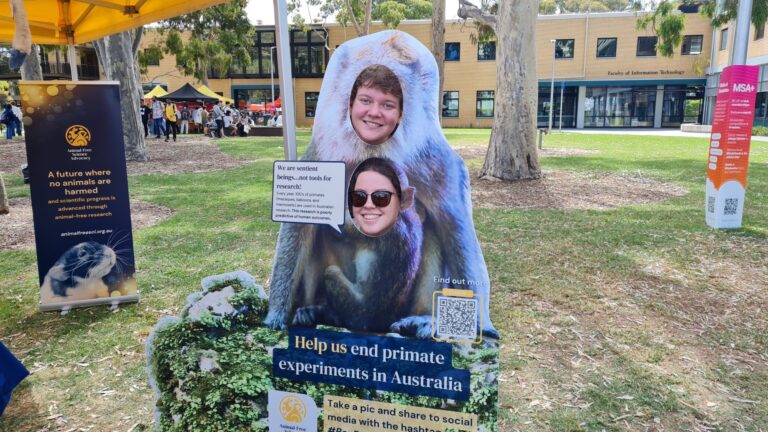 Our quirky cut-out primate mum and baby was a big hit with students at Monash Uni O-Week